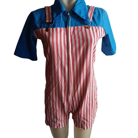 Small Vintage 1970's 1OF1 Blue Red Striped Cotton Blend Womens Romper Handmade - Picture 1 of 7